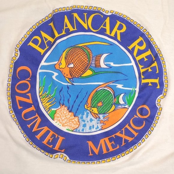 Vintage 90s Palancar Reef Cozumel Mexico White Thin Single Stitch Medium - Picture 2 of 10